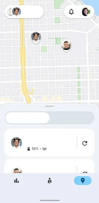 Family Link UI highlights location pins of family members on Google Maps.