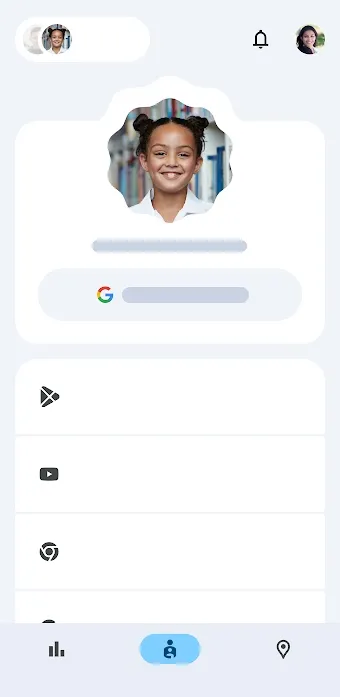 Family Link UI shows app permissions with the ability to toggle settings on and off.